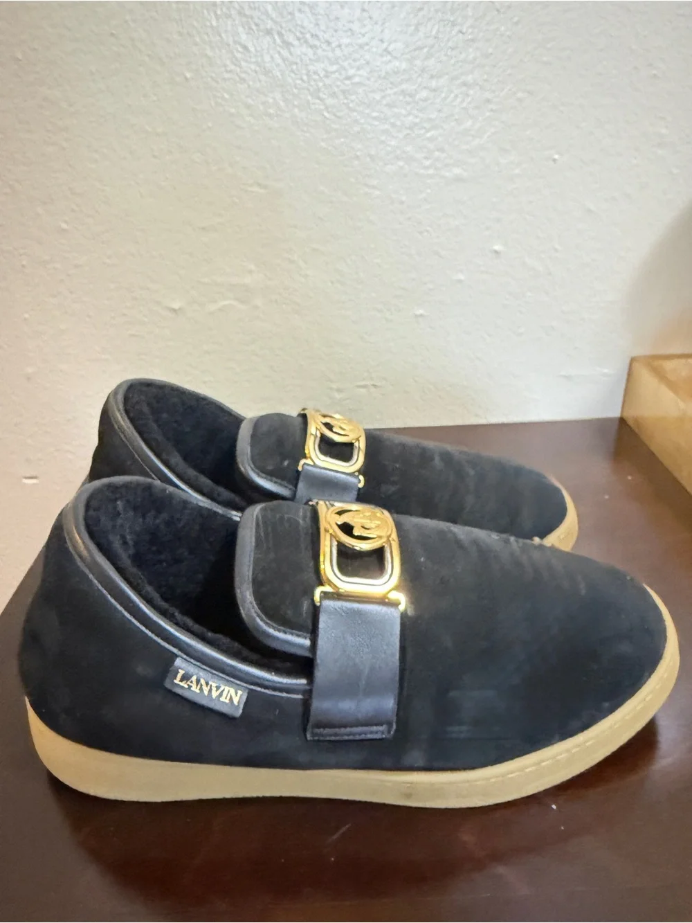 Lanvin Black Suede Slip-On Loafers with Gold Emblem and Gum Sole